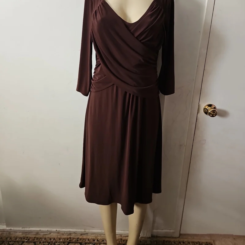 Brown Cowl Neck Sheath Dress 3/4 Sleeve